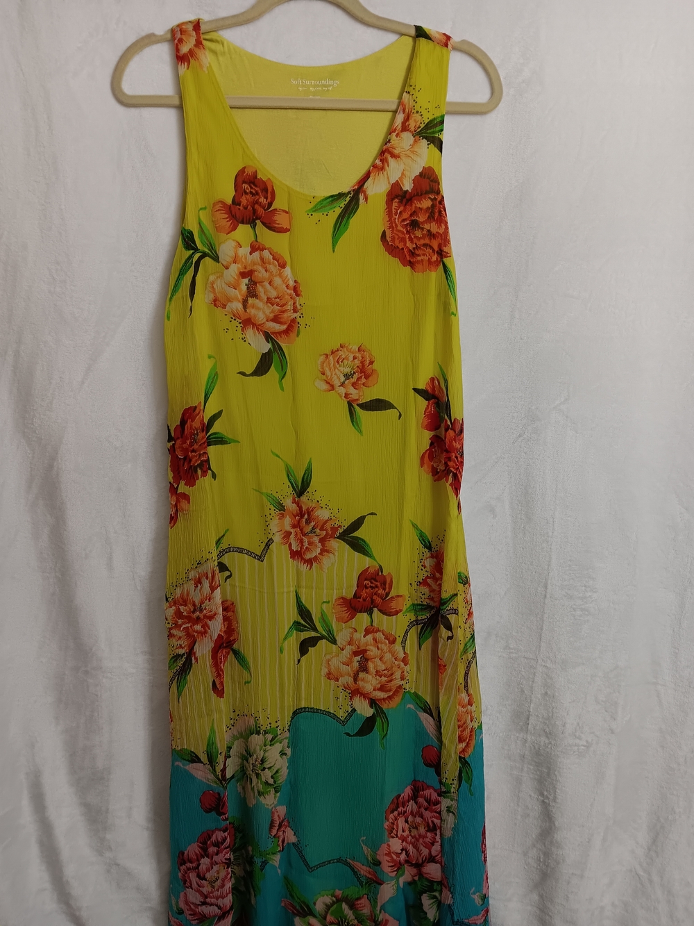 Soft Surroundings Yellow Floral Maxi Dress with Turquoise Hem